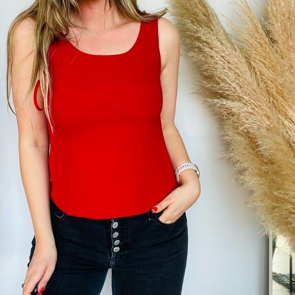 VINTAGE LE SUIT Red Scoop Neck Work Business Tank Top Crop Shell Blouse Shirt 4 - Picture 2 of 7